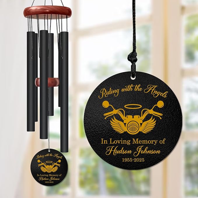 Personalized Motorcycle Memorial Wind Chime – “Riding with The Angels” Custom Name & Years – Engraved Biker Sympathy Gift – Remembrance Windchime for Loss of Loved One – Tribute for Motorcyclists