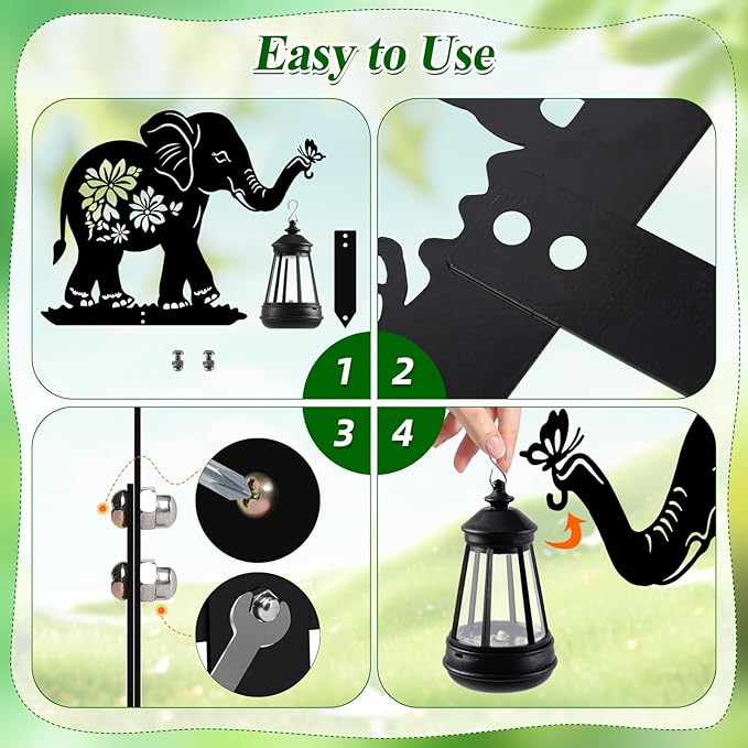 Elephant Solar Garden Stakes, Elephant Silhouette Decorative with Solar Lantern, Metal Garden Decor for Yard,Lawn,Pathway