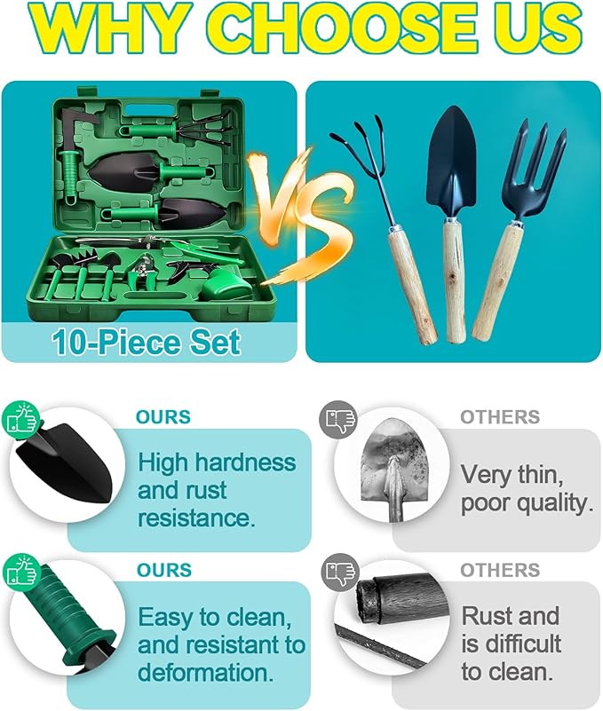 Garden Tool Set, 10pcs Heavy Duty Gardening Tools, Durable Gardenings Hand Tools, Gardening Tool Set with Ergonomic Handle, Gardening Supplies with Storage Box, Ideal Garden Gifts for Women