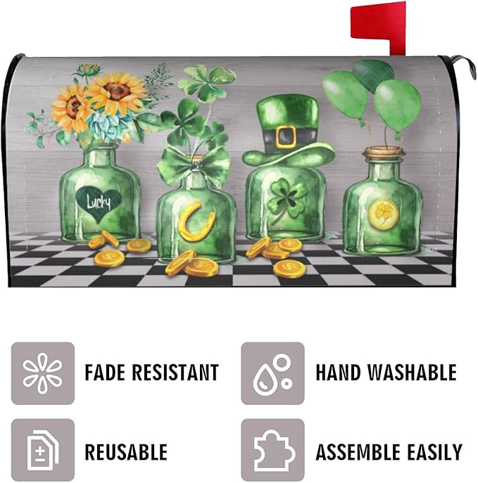 Irish St. Patrick's Day Shamrock Mailbox Cover, Green Clover Bottle Magnetic Mailbox Cover, 21x18 in Sunflower Hat Balloon Mailbox Wrap Decorative for Garden Yard Home