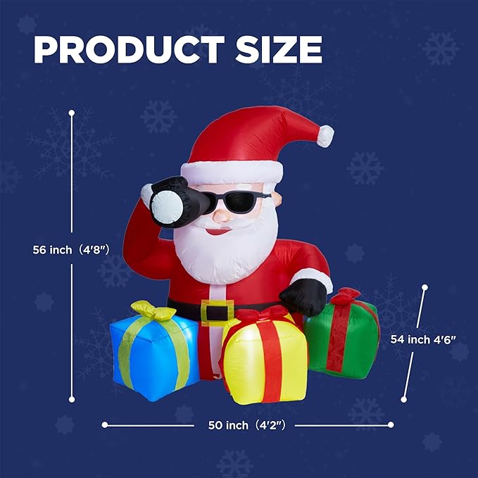 5 FT Christmas Rooftop Inflatable Santa with Telescope & Lighted Gift Boxes for Cars, SUVs, Trucks & Golf Carts, Blow Up Yard Decoration for Lawn, Garden & Indoor Holiday Display
