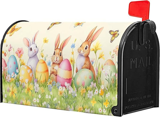 Easter Mailbox Covers Rabbits Mailbox Cover Standard Size 21x18 in Spring Floral Post Letter Box Cover for Garden Yard Decoration Waterproof Oxford Beautiful Eggs