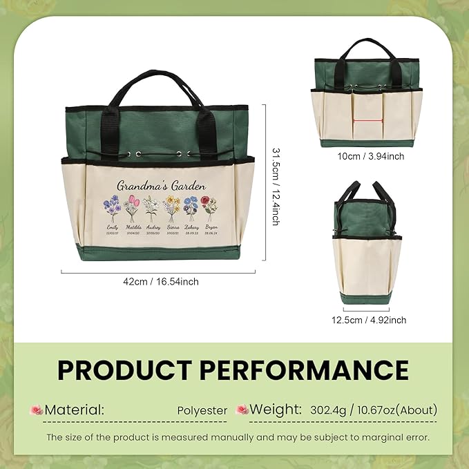 Personalized Garden Tools Set for Women: Custom Text Garden Tool Bag and Garden Shovel & Transplant Shovel & Hand Rake - Gardening Gifts for Mom Grandma Gardening Lover (6 Flowers)