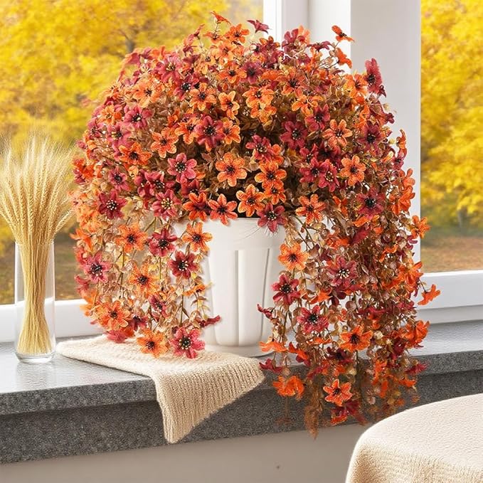 SzJias Artificial Hanging Plants for Outdoor Fall Flowers Hanging Fake Flowers Eucalyptus Leaf Faux Plants for Patio Porch Outdoor Plants Decor (4 Pcs, Fall)