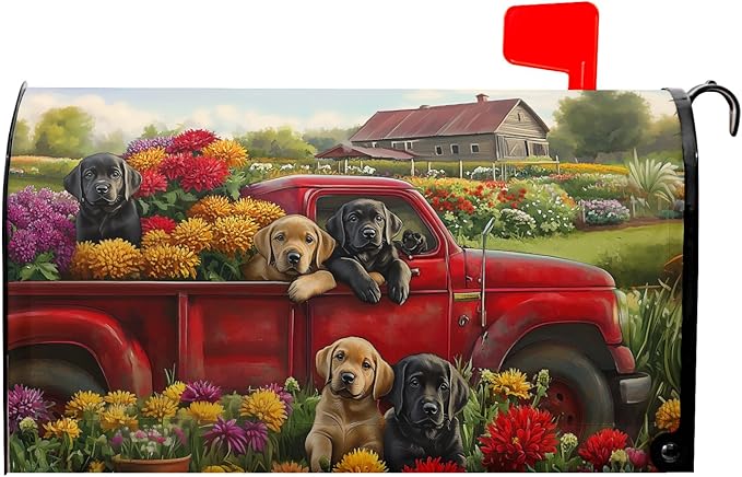 25.5"x21" Spring Truck Dogs Magnetic Mailbox Cover Summer Floral Puppy Decorative Mailbox Wrap Post Cover Waterproof Large Size for Garden Yard Outdoor Outside Patio Farmhouse