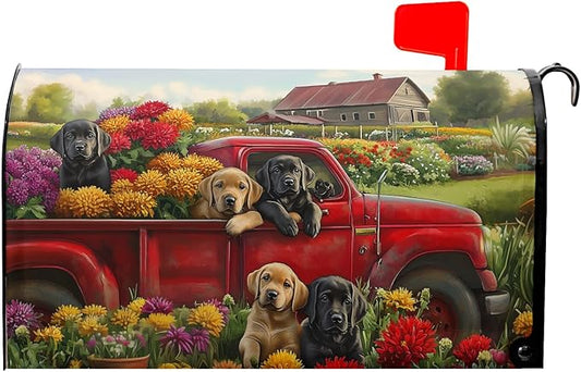 25.5"x21" Spring Truck Dogs Magnetic Mailbox Cover Summer Floral Puppy Decorative Mailbox Wrap Post Cover Waterproof Large Size for Garden Yard Outdoor Outside Patio Farmhouse