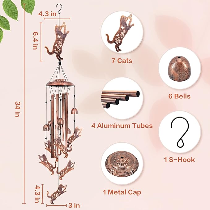 Cat Wind Chimes Outdoor Cat Gifts for Women Mom Men Dad Unique Birthday Gifts Metal WindChimes for Outside/Indoors, Patio, Lawn, Yard, Home Decor, Outdoor Decor, Garden Decorations