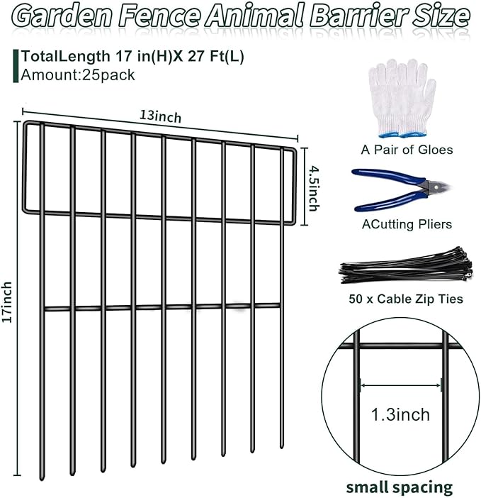 25 Panels Animal Barrier Fence, 27ft(L) x 17in(H) No Dig Fences for Dogs, Rabbits Dog Digging Fences Barrier, Rustproof Metal Defense Fence for Outdoor Yard, with Cable Ties and Cutting Plier