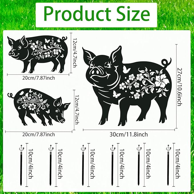 Pig Decorative Garden Stakes Gifts, 3PCS Metal Pig Garden Statues Decor for Outside, Black Silhouette Yard Lawn Outdoor Gifts for Women Men Pig Lovers