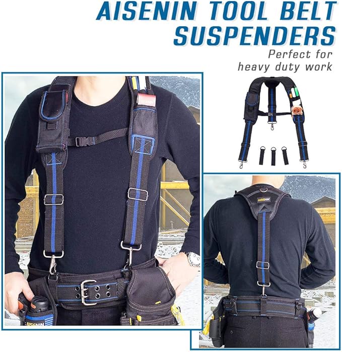 AISENIN Tool Belt Suspenders Construction Work Suspenders with Magnet Pocket, Large Moveable Phone Holder, Pencil Holder
