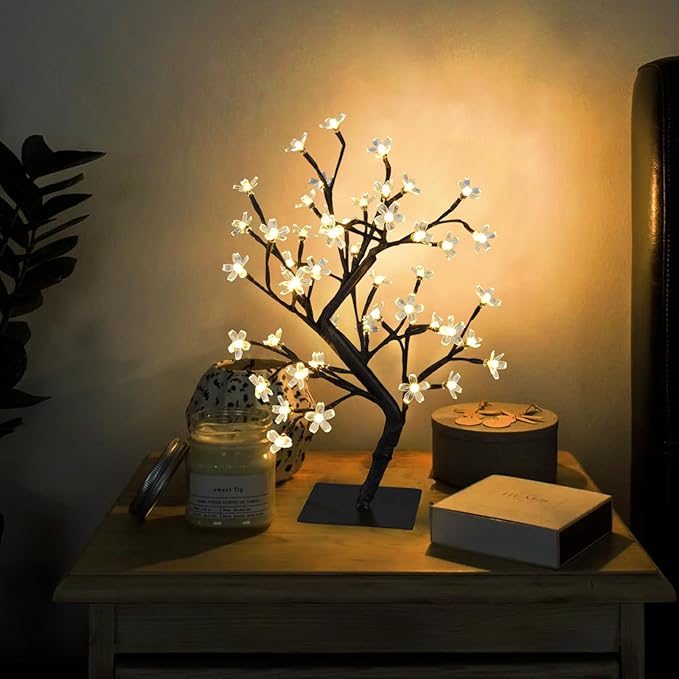 PEIDUO 17.5 Inch Lighted Cherry Blossom Tree, 48 Warm White Lights Plug in Adapter, Light up Bonsai Tree for Christmas Indoor Home Bedroom Living Room, Tabletop Decor Night Light Artificial Tree