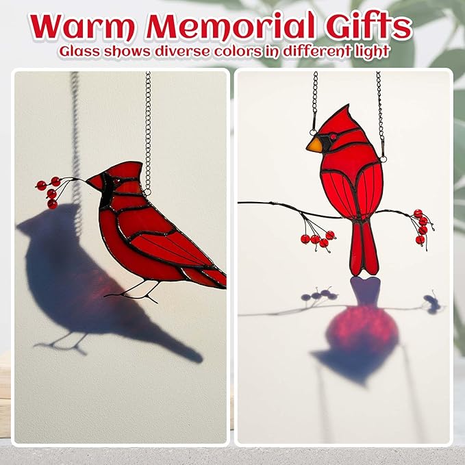 Soaoo 2 Pcs Red Cardinal Gifts for Women Stained Glass Christmas Birds Suncatcher Window Hanging Ornament Loss of Loved One Memorial Gifts for Mom Grandma Nana Housewarming