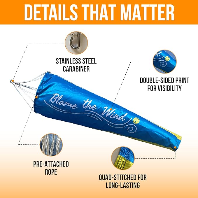 Pickleball Windsock Flag 10"x36" | Blame the Wind Design | Easy Install with Carabiner | Lightweight 4 oz Polyester | Quad-Stitched Durable Fabric | Shows True Wind Direction & Speed