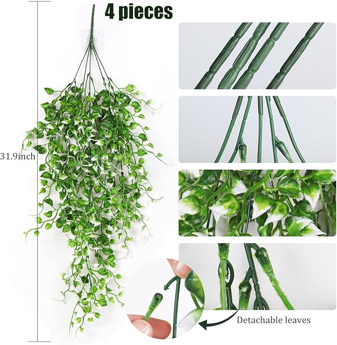 RECUTMS 4PCS Artificial Hanging Plants 33Inch Fake Wall Plant Faux Eucalyptus Leaves Ivy Swag UV Resistant Greenery for Indoor Outdoor Home Office Garden Wedding Patio Spring Easter Party Decor(White)