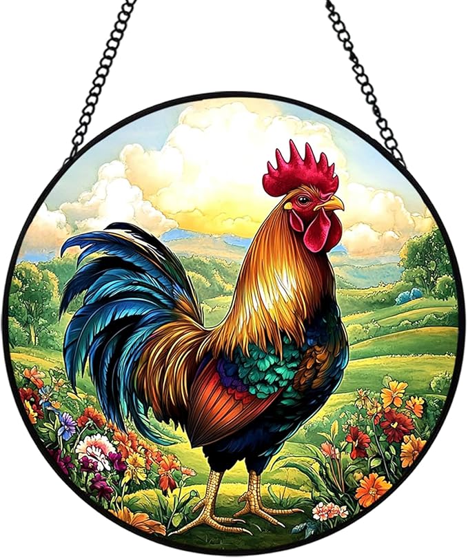 Rooster Sun Catchers Indoor Window, 20cm/7.87in Rooster Stained Glass Ornaments, Chicken Themed Gifts Women