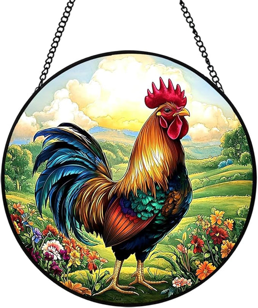 Rooster Sun Catchers Indoor Window, 20cm/7.87in Rooster Stained Glass Ornaments, Chicken Themed Gifts Women
