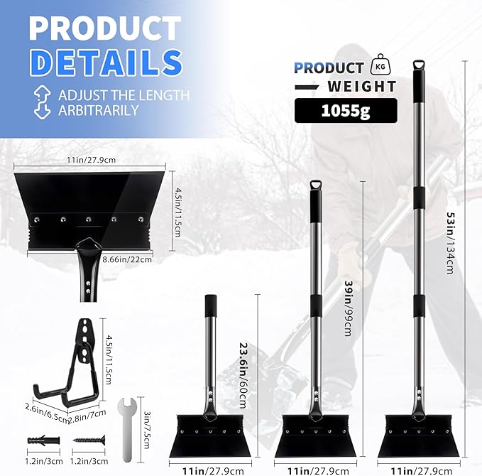 Garden Flat Shovel, Heavy Duty Multifunctional Cleaning Shovels with 53” Adjustable Long Handle, Floor Scraper Tool for Ice Snow Removal,Weeding,Driveway Lawn Edging,Sidewalk,Garden, Outdoor,Scraping