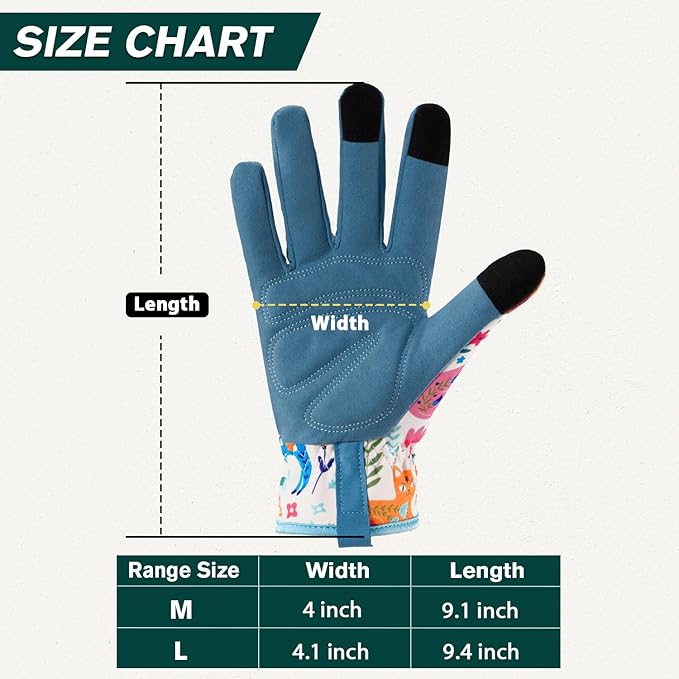 Gardening Gloves for Women, Printed Touchscreen Garden Gloves with Grip, Thorn-Proof Puncture-Resistant Work Gloves