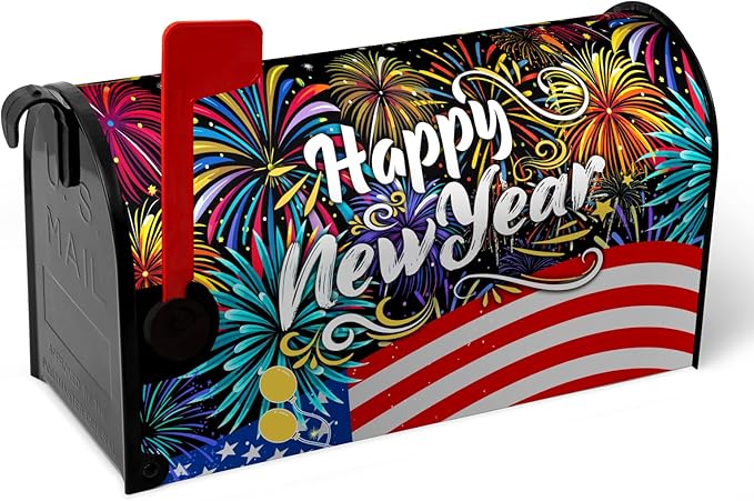 Happy New Year Mailbox Cover New Year Eve Magnetic Mailbox Covers American Flag Fireworks Balloon Post Letter Box Wrap for Holiday Celebration Party Outdoor Yard Decor 21 X 18 Inch