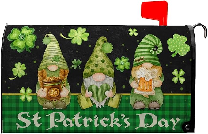 St Patricks Gnomes Mailbox Cover - Shamrock Mailbox Covers Magnetic Standard Size 21x18 in -Decoration for Garden - Green Clover
