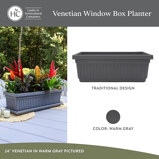 The HC Companies 30 Inch Venetian Window Planter Box with Drainage Plug, Lightweight UV-Resistant Plastic Outdoor Planters, 2-Pack Flower Box for Garden & Home Decor, Warm Gray