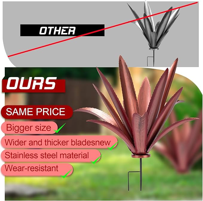 Large Tequila Rustic Sculpture, Rustic Metal Agave Plants for Outdoor Patio Yard Mexican Plant Garden， Agave Outdoor Lawn Ornaments Yard Stakes (Red 1pc)