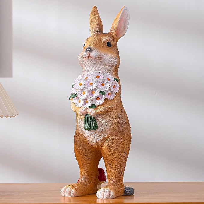 Garden Rabbit Statue Outdoor Decor- 13.38" Indoor/Outdoor Resin Bunny Decor - Ideal Gift for Gardeners and Occasions (Large)