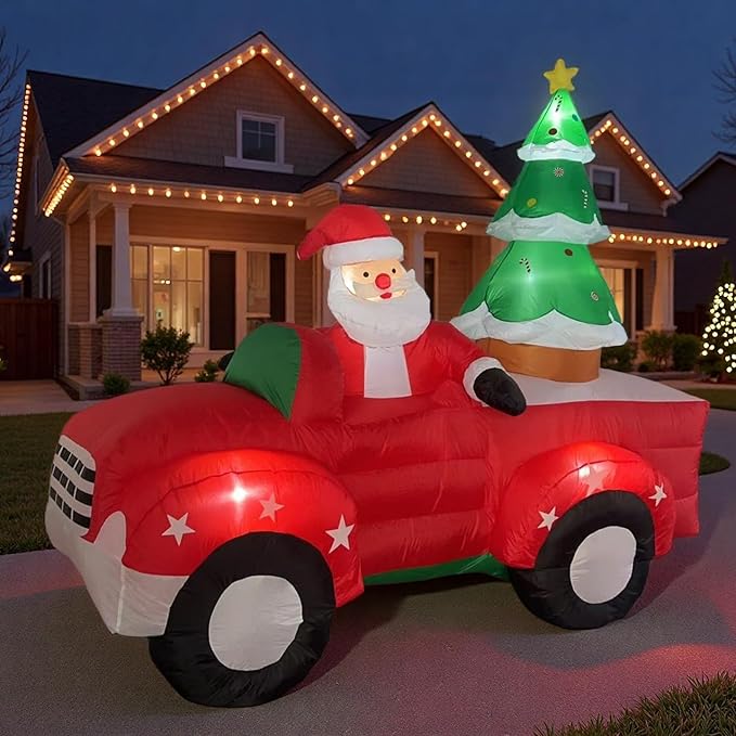 8 FT Christmas Inflatables Santa Claus in Sleigh with Two Reindeer Outdoor Decorations Blow Up Yard Santa Claus with Built-in LEDs (Santa Claus Outdoor Decorations)