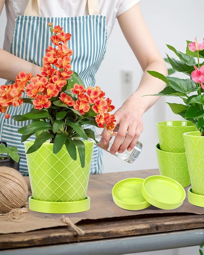 BUYMAX Plant Pots Indoor –5 inch Ceramic Flower Pot with Drainage Hole and Ceramic Tray - Gardening Home Desktop Office Windowsill Decoration Gift, Set of 4-Plants NOT Included (Green)