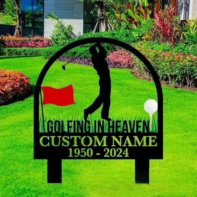 Custom Golfer Memorial Stake – Metal Golf Player Grave Marker, Golf Sport Yard Garden Stake Outdoor Decor (Golfer Memorial)