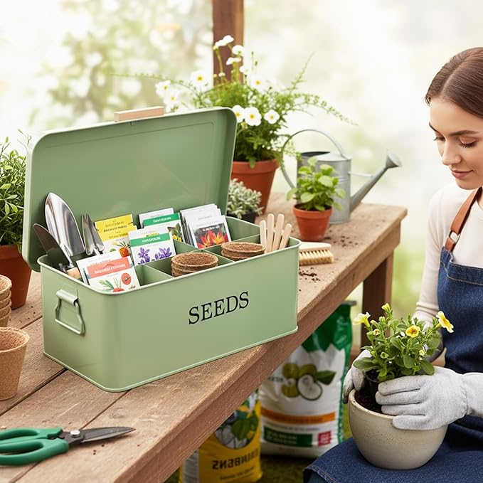 Seed Storage Organizer with 4 Dividers,Metal Seed Saving Box with Lid, Seeds Bin Storage Container Kit with 2 Pens,20 Plant Labels and 50 Seeds Envelopes, Perfect for Flower Plants Garden