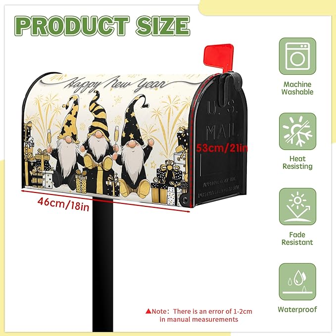 Happy New Year Mailbox Covers Magnetic Standard Size 21x18 Inch Dwarf Black Gold Decorations Mailbox Cover for Outdoor Garden Yard Decor