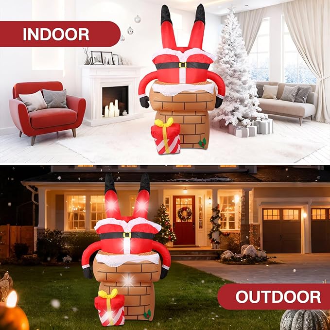 6FT Christmas Inflatables Decorations Outdoor，Blow Up Santa Claus Stuck in The Chimney with Built-in LEDs Lights for Indoor Holiday Party Yard Garden Lawn Décor