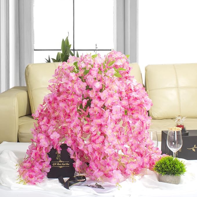 12 Pack Artificial Flowers Silk Wisteria Vine Ratta Hanging Flower (Deep Pink)