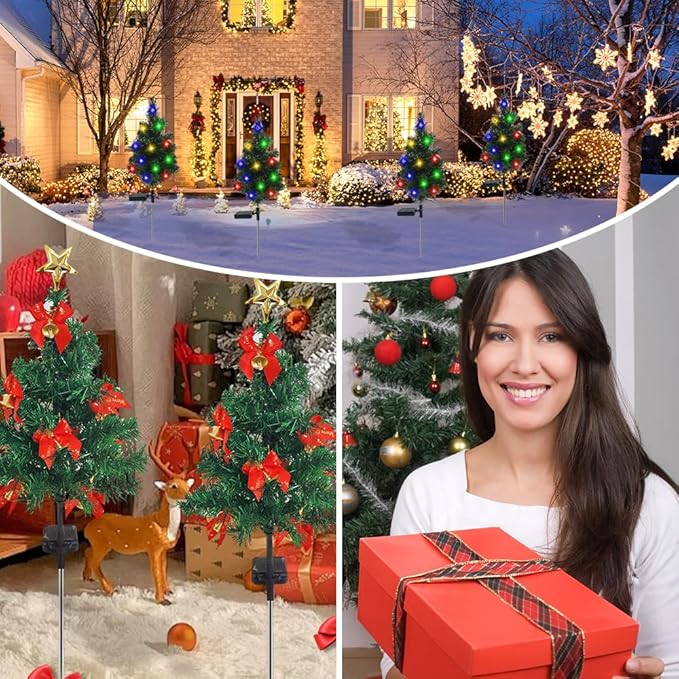 Solar Christmas Tree Lights Holiday Decorations, Outdoor Christmas Tree Waterproof Solar Xmas Garden Stake Lights, Prelit Xmas Trees for Outside Holiday Display Yard (Light+Bow, 2 Pcs)