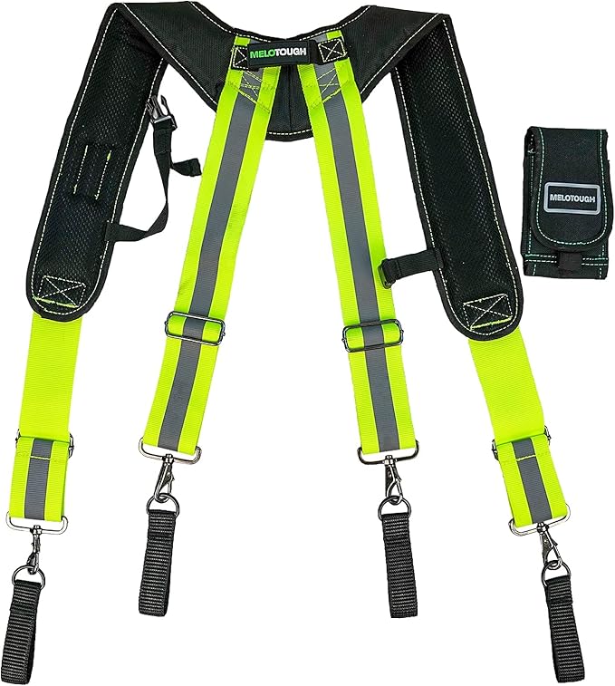 MELOTOUGH Reflective Safety Suspenders Tool Belt Suspenders Construction Work Suspenders with detachable phone holder comfortable foam shoulder padder (Lime)