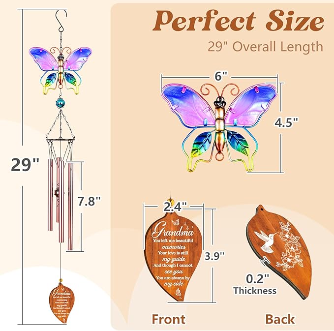 Butterfly Sympathy Wind Chimes for Loss of Grandma,Memorial Gifts for Loss of Grandma,Loss of Grandmother Sympathy Gifts,Bereavement Gift Ideas,Windchimes Outdoors