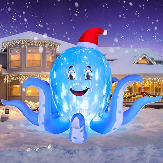 FunFanso 7FT Christmas Inflatable Octopus Outdoor Decorations, Blow up Blue Octopus with Xmas Hat Indoor Decor, Built-in Rotating Flame LED Holiday for Yard Lawn Garden Patio Party Indoor Home Porch
