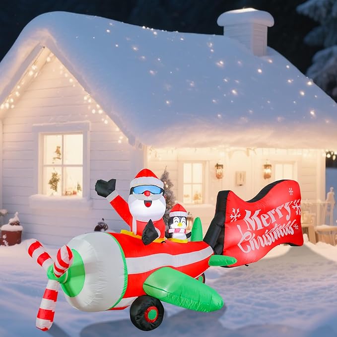 VCUTEKA Christmas Inflatables Outdoor Decorations, 10.5FT Blow Up Airplane Santa Claus and Penguin, Animated Christmas Inflatable Rotating Propeller, LED Light Yard Decoration for Holiday Garden