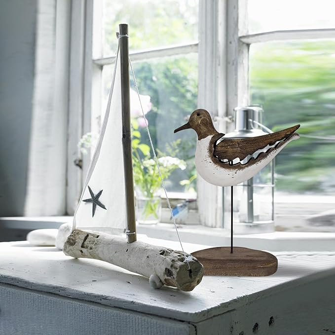 Aecipl Wooden Sea Bird Statue Seagull On Stand Decor Nautical Coastal Birds Sculpture Indoor Outdoor Animal Figurine Beach Themed Decoration Rustic Home Art for Bedroom Garden (B)