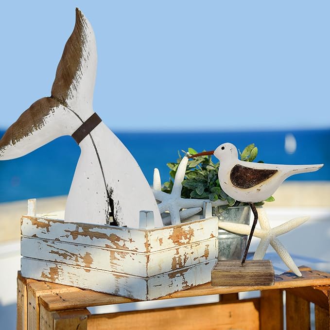 Aecipl Wood Bird Statue Standing Seagull Nautical Decor Coastal Birds Sculpture Indoor Outdoor Animal Figurine Beach Themed Decoration Rustic Home Art for Bedroom Garden (A, M)