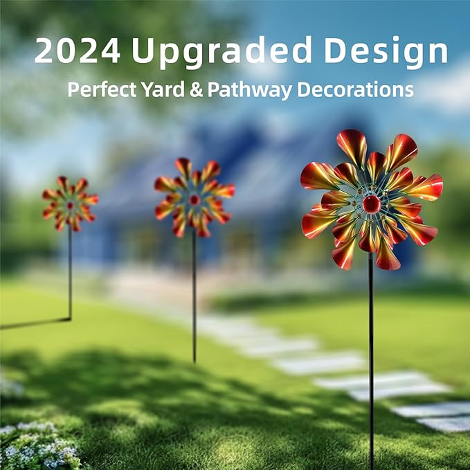 Outdoor Wind Spinner with Garden Stake 88.58" Metal Two-Way Wind Sculptures Solar Color Changing Lights Large Windmills for Garden,Patio,Yard,Lawn Decor Gifts Trumpet