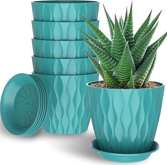 7 Inch Plant Pots with Saucers, 6 Pack Indoor Flower Pots, Planters with Drainage Holes for Orchids, Violets, Succulents, Herbs, and Other Plants, White (Black-Green, 7inch)
