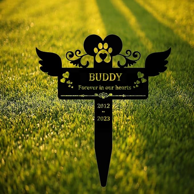 Personalized Pet Grave Marker for Dog Cat Memorial Stake, Custom Metal Pet Memorial Grave Marker, Dog Paw Hearts Burial Stake Cemetery Grave Plaque for Outdoor, Customized Remembrance Sign