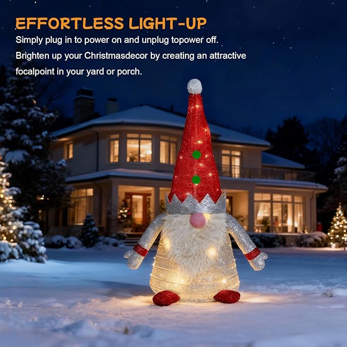 Light Up Christmas Gnome Decoration 37" - Outdoor LED Illuminated Holiday Decor with Warm White Lights, Weatherproof for Porch/Garden - Always-On Festive Yard Figure-White