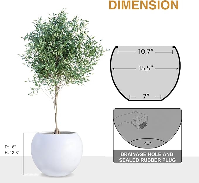 12.8" H x 16" D Globo Fiberstone Round Planter - Christmas Tree Planter, Smooth Finishes, Weather Resistant for Indoor & Outdoor Use, Included 2 Extra Coco Mats (White, 10.7" Pot Opening)