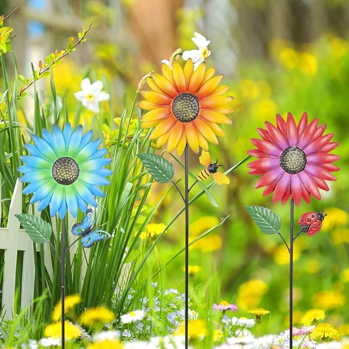 Stargarden Metal Flower Garden Stakes, 3 Pcs Decorative Garden Stakes, Colorful Metal Flowers Garden Decor, Waterproof Lawn Ornaments for Indoor, Outdoor