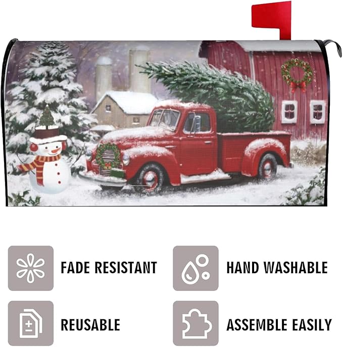 Winter Red Truck Christmas Tree Mailbox Cover, Cute Snowman Magnetic Mailbox Cover, Letter Post Box Cover Wrap Decoration Garden Outdoor 21" Lx 18" W