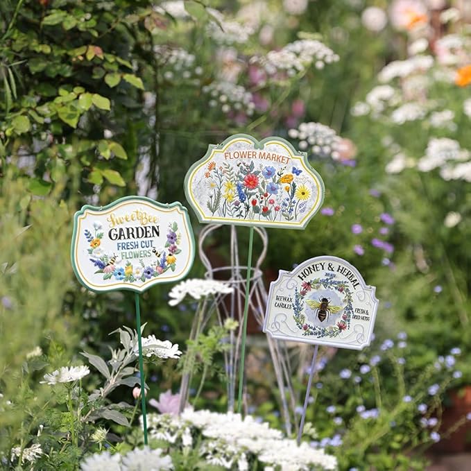All Chic 3 Pack Metal Bee Garden Stake Decor Embossed Bee Hanging Sign Garden Art Yard Stakes for Decorations Lawn Ornaments Decor(Includes Hanging Chain and Stakes)