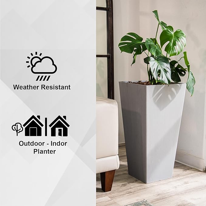 XBrand Modern 30-Inch Tall Square Planter, Tapered, Perfect for Indoor & Outdoor, Patio Decor, White